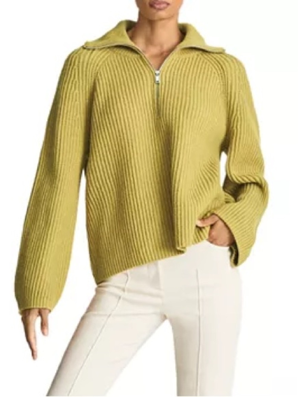 REISS Janette Ribbed Zip Neck Jumper Sweater Mustard Yellow Small